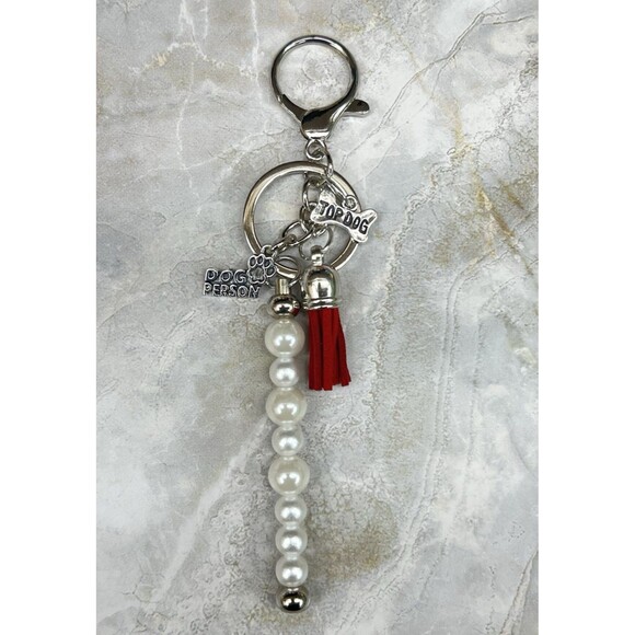 DOG PERSON Bag Charm Keychain Multi Faux Pearl Suede Tassel Bone Paw Pendant - Picture 6 of 11
